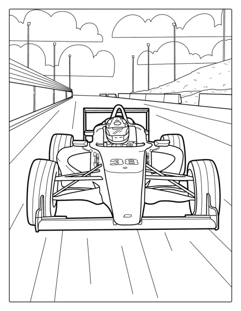 O mașină de Formula 1 este redată în detaliu, cu aripi și roți de curse.