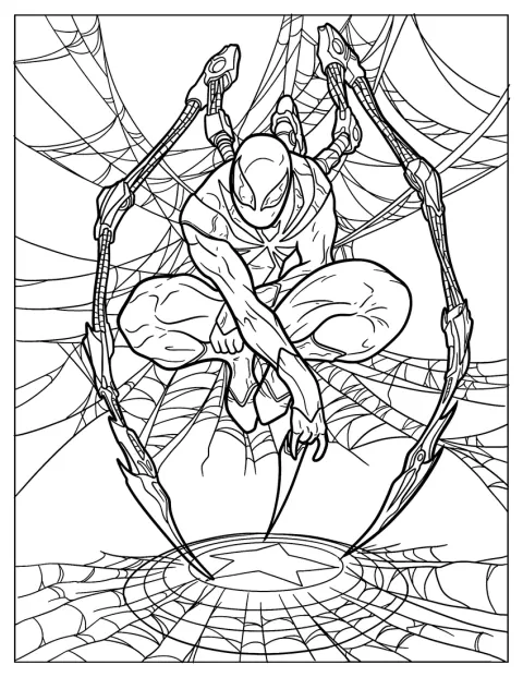 Iron Spider è al centro di una ragnatela e regge lo scudo di Capitan America.