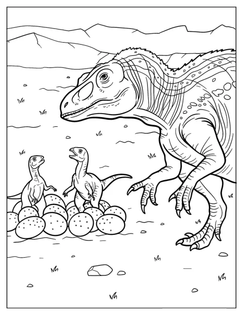 Dinosaurus vahtii pieniä poikasiaan ja muniaan pesässä.