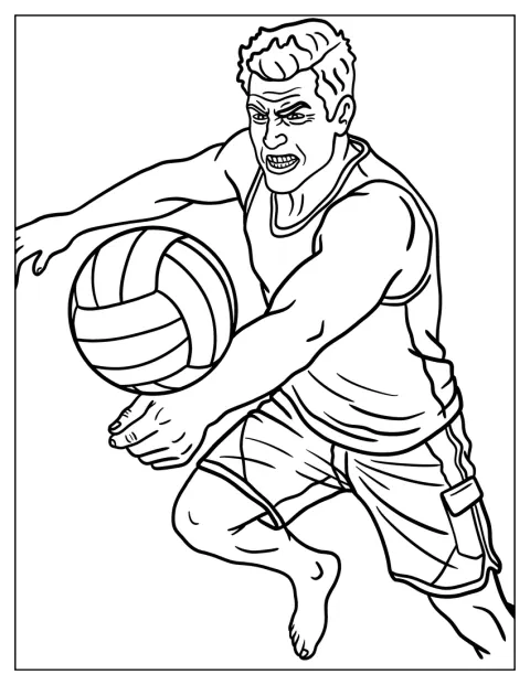 Ein Mann springt in einer dynamischen Pose hoch und schlägt den Volleyball.