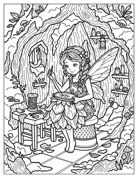 Fairy Sewing a Magical Flower Dress in an Enchanted Tree Home