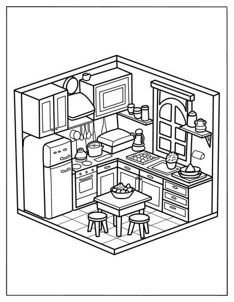 Pretty Isometric Kitchen Coloring Page