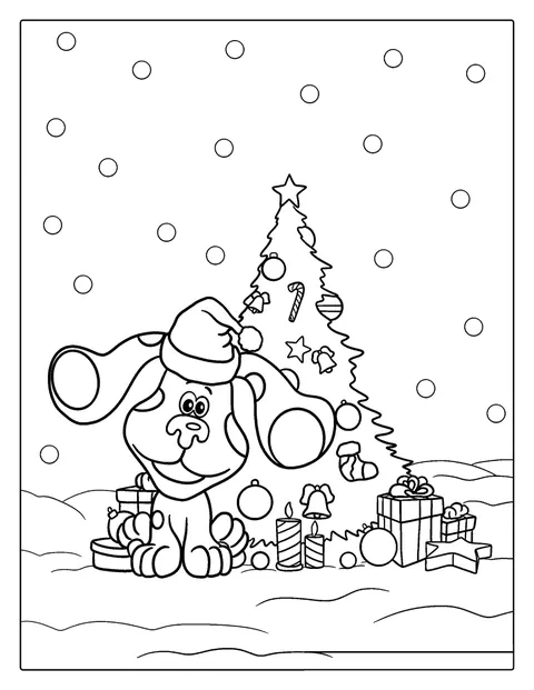 Christmas Blue seisoo joulukuusen vieressä joulupukin hattu päässään.