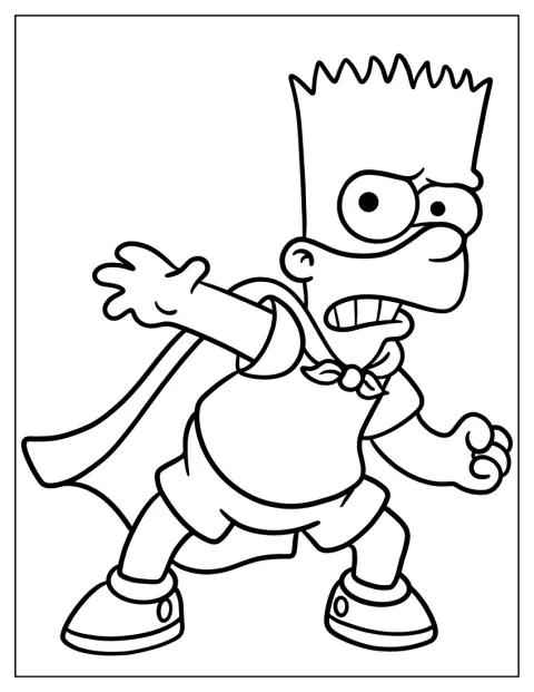 Bart Simpson står i superheltkostyme med kappe og maske.