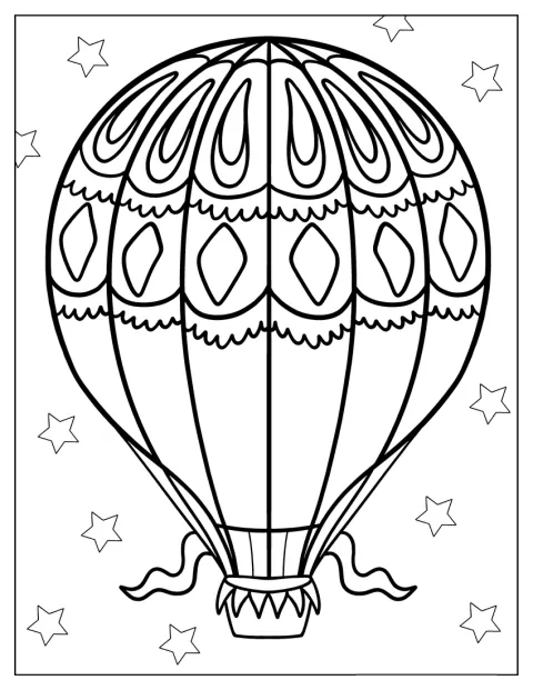 Un balon cu aer cald este conturat simplu, cu nacelă și arzător.