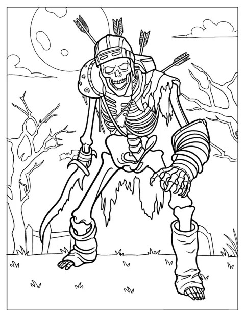 Een skeletmonster draagt een helm en houdt pijlen en een zwaard vast.