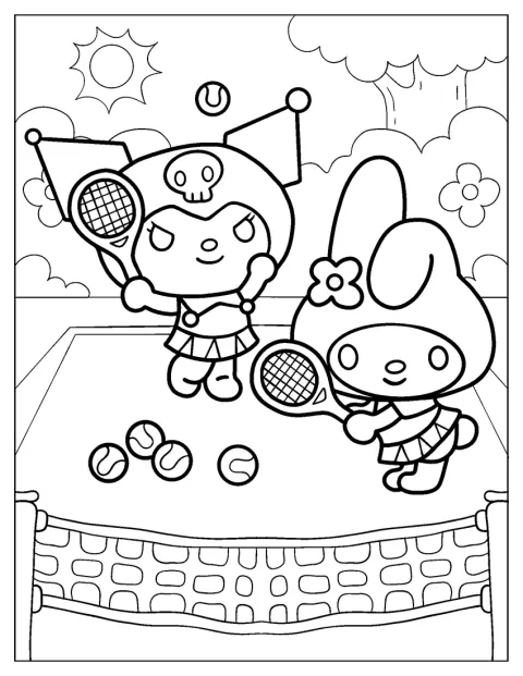 Kuromi y My Melody juegan al tenis en una pista.