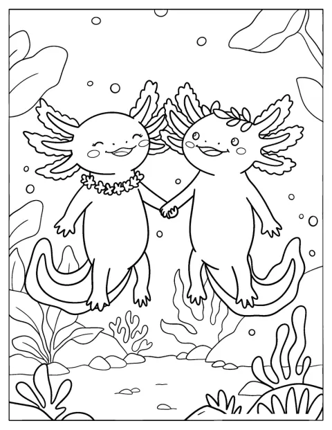 Two Axolotls Holding Hands Underwater Coloring Sheet