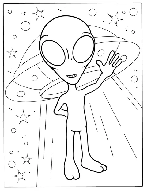 Et grått romvesen står ved siden av en UFO.