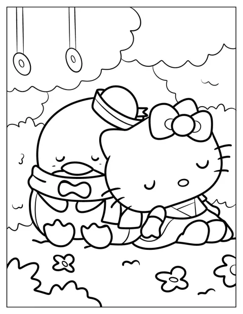 Hello Kitty és Tuxedo Sam egymás mellett alszanak.
