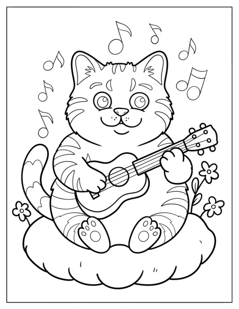 En buttet kat spiller guitar omgivet af blomster og noder.