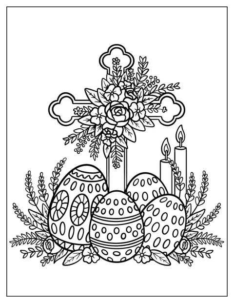 Des œufs décorés entourent une croix recouverte de fleurs.