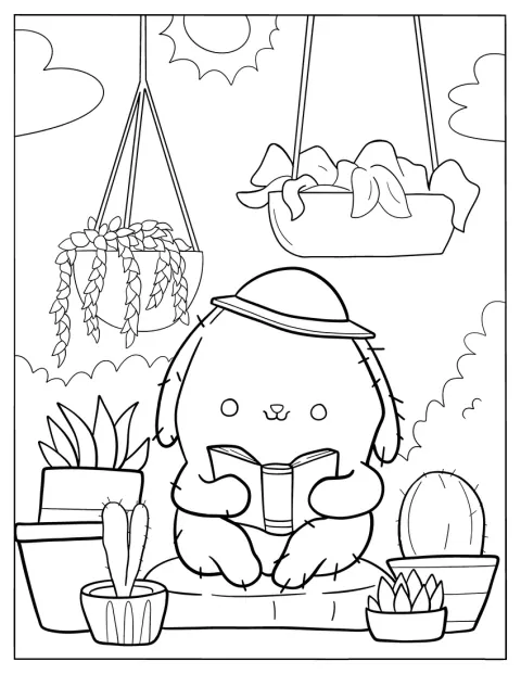 Pompompurin sitter och läser omgiven av suckulenter.