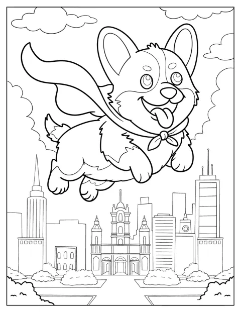 Egy szuperhősnek öltözött corgi a város fölött repül.