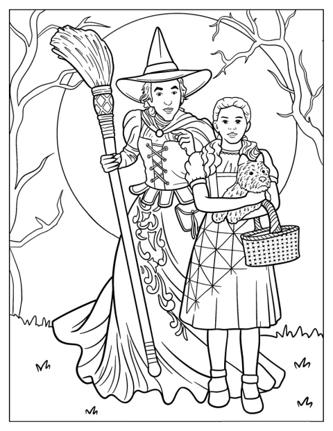 La Méchante Sorcière de l’Ouest se tient auprès de Dorothy et de Toto.