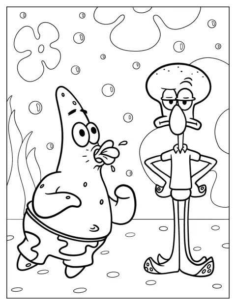 Patrick Étoile de mer tire la langue à Carlo, qui se tient près de lui.