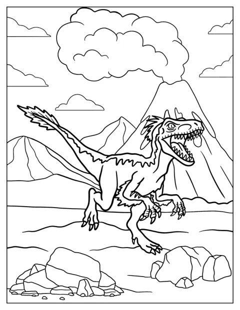 Een Velociraptor rent langs een vulkaan die lava en rook uitspuwt.