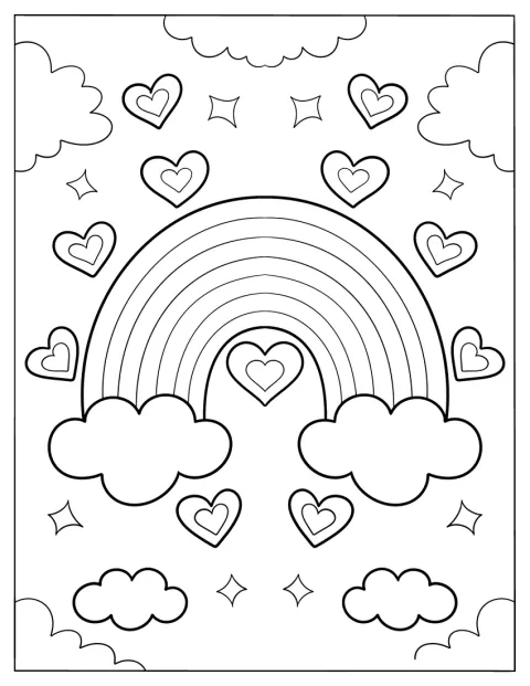 Um pequeno arco-íris está rodeado por corações com a palavra amor.