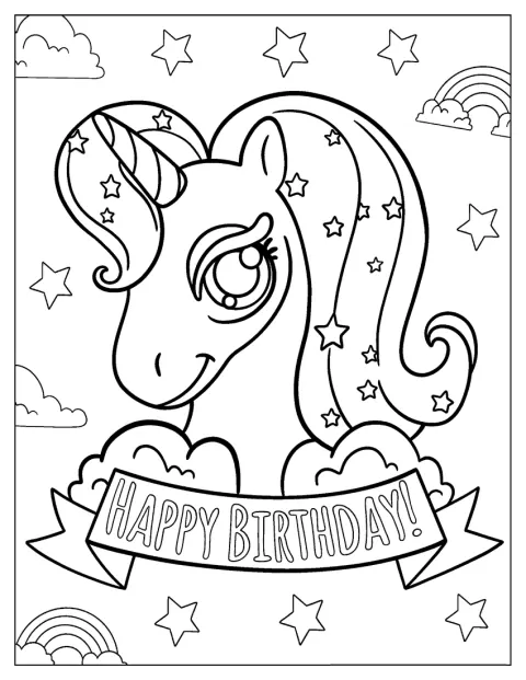 ユニコーンが誕生日を祝う飾りと一緒に描かれています。
