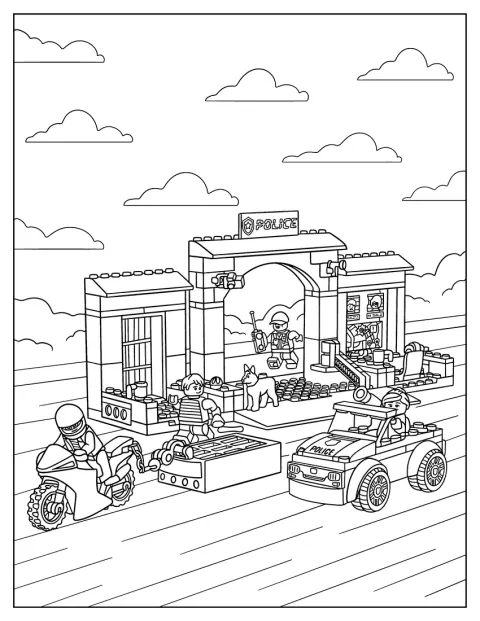 Un coche policial persigue a un sospechoso junto a la comisaría de LEGO City.
