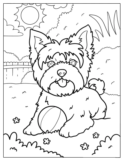 Um Yorkie aproveita um dia soalheiro enquanto brinca com uma bola.