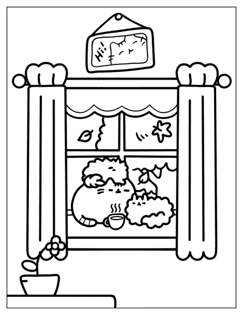 Pusheen er tegnet i en søt kawaii-stil.