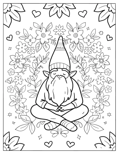 Înconjurat de flori, un pitic stă în poziție de meditație.