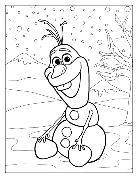 Olaf, le bonhomme de neige, sourit joyeusement.