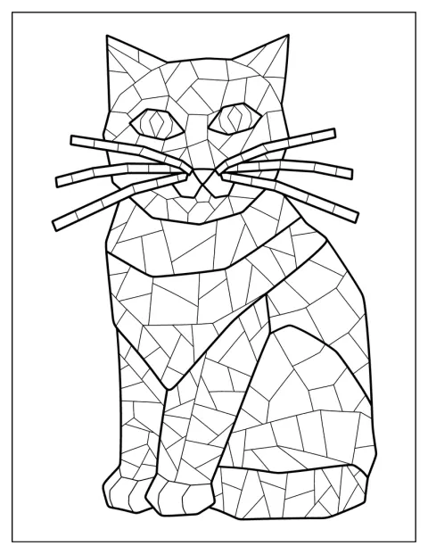 En katt sitter stilla i en enkel mosaikbild.