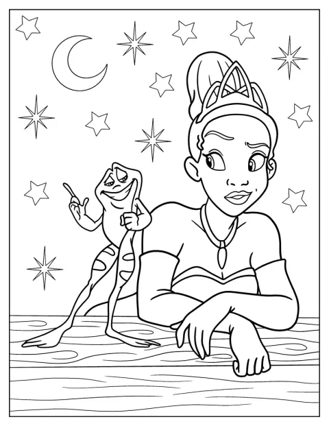 Tiana conversa con el príncipe Naveen, que tiene aspecto de rana.
