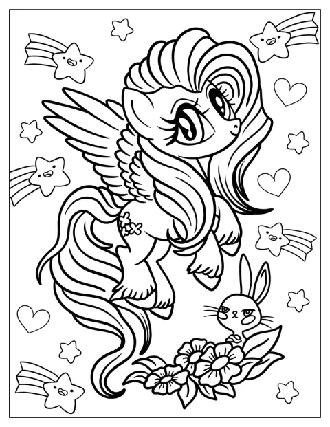 Fluttershy flotte au milieu de cœurs et d’étoiles filantes.