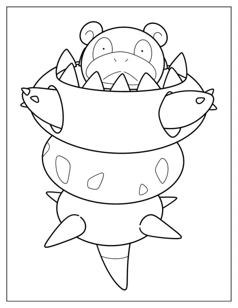 Mega Slowbro kijkt vrolijk met zijn schelp om zijn staart.