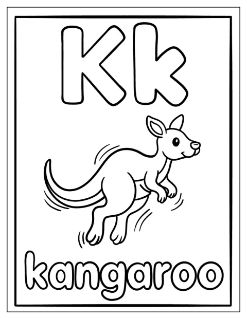 Ein cartoonartiger Buchstabe K steht neben einem Känguru auf einer Lernkarte.