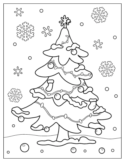 Een kerstboom staat buiten terwijl de sneeuw valt.