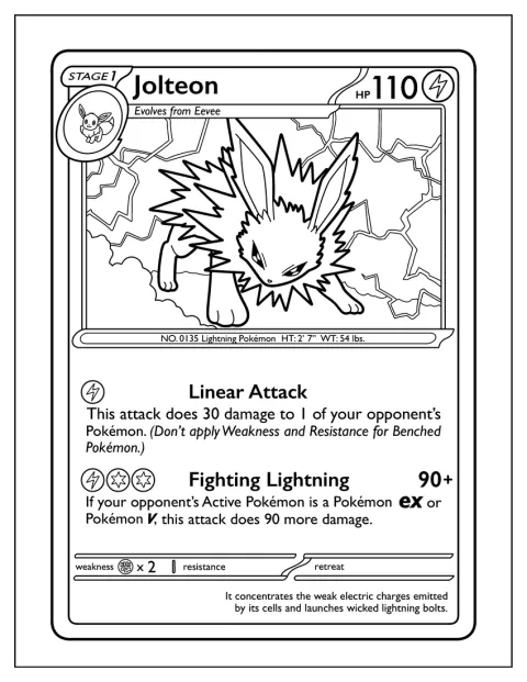 Op een Pokémonkaart vecht Jolteon met bliksem om zich heen.