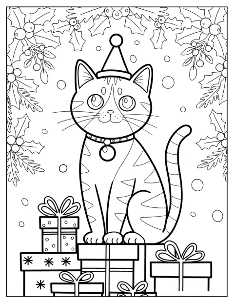 Um gato está sentado sobre presentes, sob uma grinalda de azevinho.