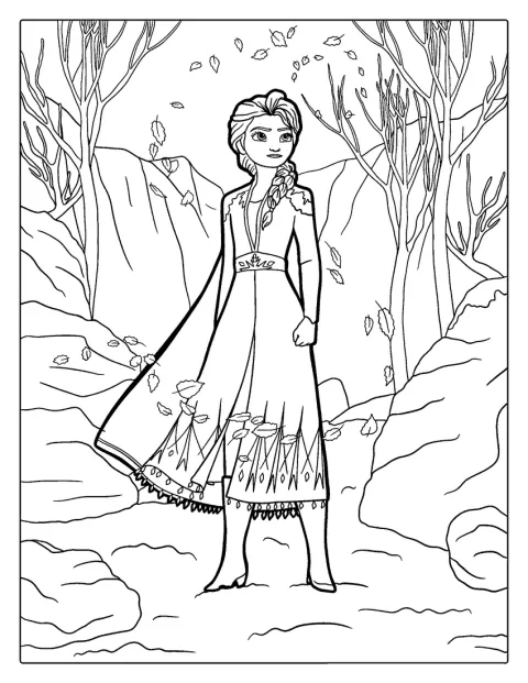 Elsa se tient dans un canyon tandis que des feuilles tourbillonnent autour d’elle.