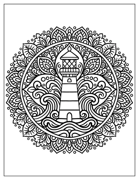 Ozdobná mandala spojuje maják s motivy vln a květin.