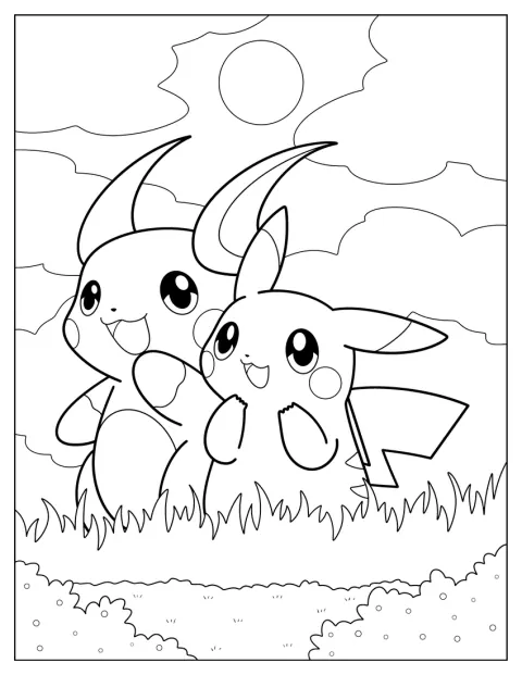 Pikachu és Raichu vidáman állnak egy mezőn.