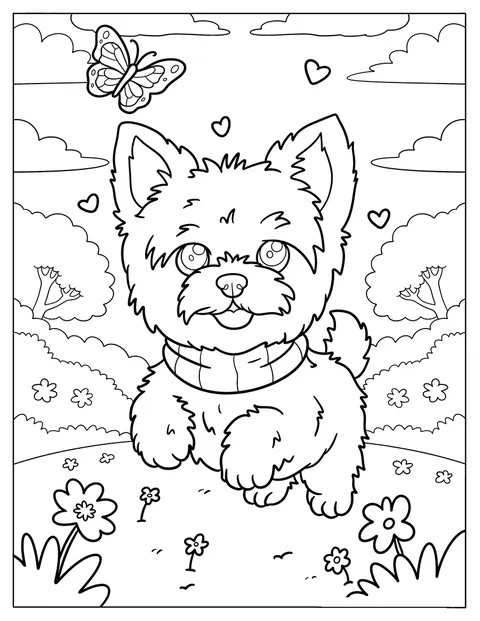 Chlupaté štěně jorkšíra běží za motýlem v zahradě.