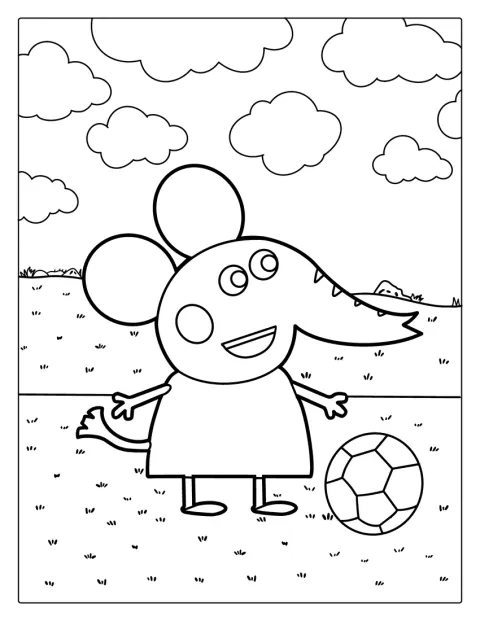 Slonice Emily z Peppy Pig stojí s veselým výrazem.