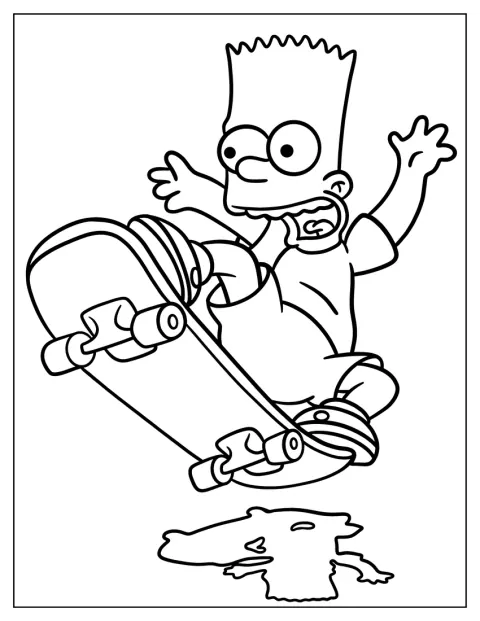 Gördeszkán száguld Bart Simpson, miközben ügyesen egyensúlyoz.