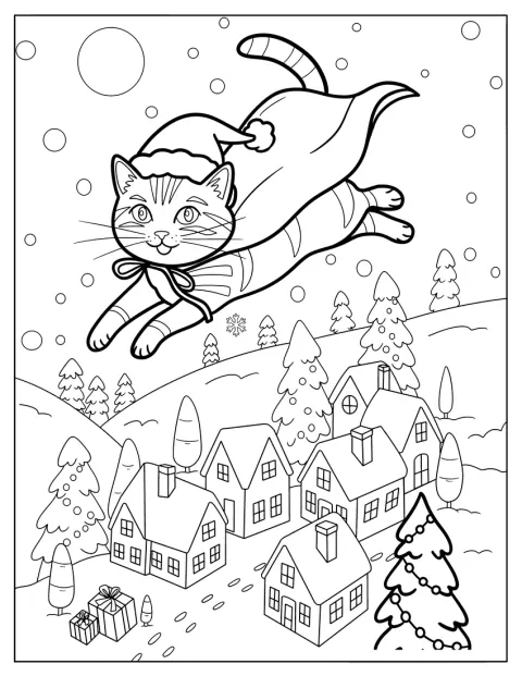 En katt i kappe flyr over byen som en julehelt.