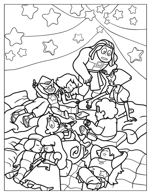 Steven Universe Peridottal, Amethysttel, Pearllel, Connie-val, Bismuth-tal, Lapis Lazulival, Rubyval és Sapphire-rel táborozik.