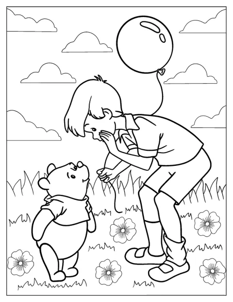 Christoper Robin og Peter Plys holder en ballon.