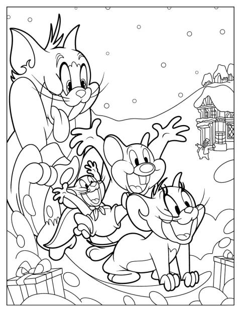 Tom en Jerry beleven Kerstmis in een besneeuwd winterlandschap.