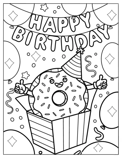 誕生日のドーナツが、箱から勢いよく飛び出しています。