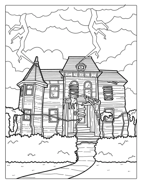 O casă bântuită dărăpănată este redată cu multe detalii.