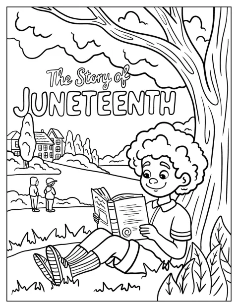 Un niño lee un libro sobre la historia de Juneteenth bajo un árbol.