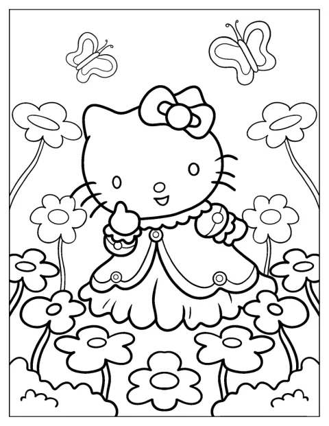 Într-un câmp plin de flori, Hello Kitty poartă o rochie de prințesă.